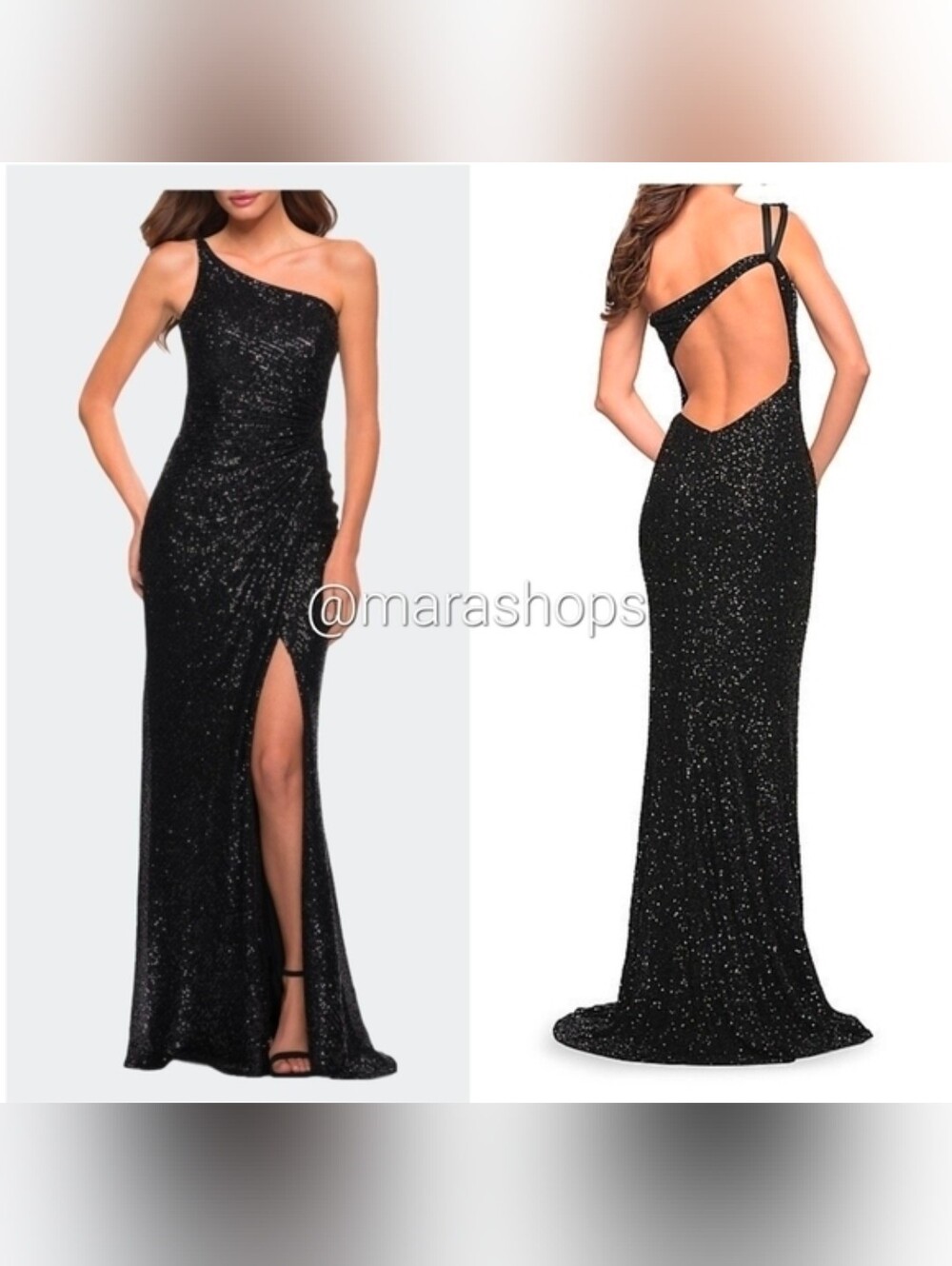 La Femme Sequin Gown with One Shoulder Top and Open Back Dress